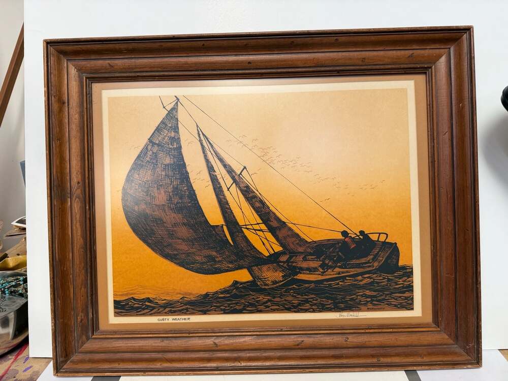 Roger Berghoff Signed Serigraph “Gusty Weather” Sailboat MCM Framed Print